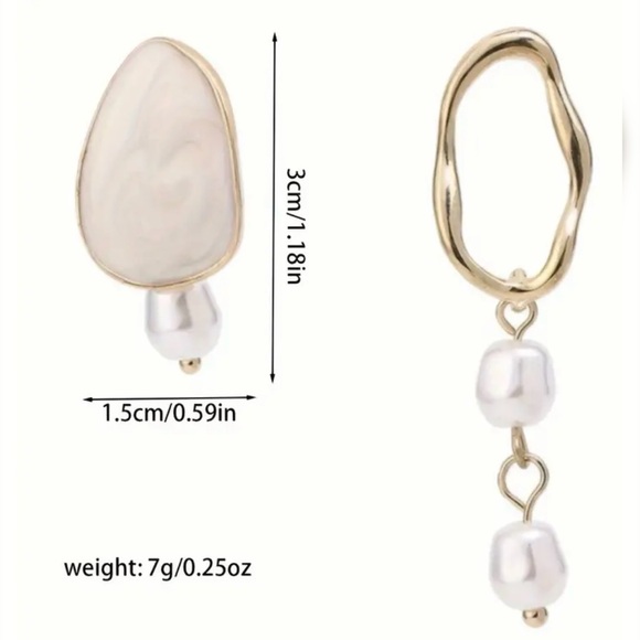 18K Plated Imitation Pearl Asymmetric Dangle Earrings Khaki or Pearl White - Picture 5 of 6